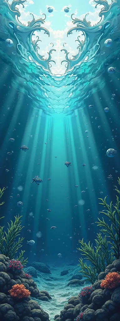 create me an image that looks like a symmetrical ocean waves but with seaweed and underwater representations towards the bottom of the image also dont make it too realistic make it like a cartoon dont add to much details like fishes, seafishes