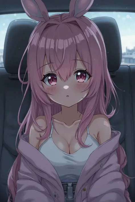 The anime girl slept in the car in an outfit that left the middle of her chest exposed and covered her eyes and the outfit was completely empty of the chest, that is, the whole chest covered the open eyes 