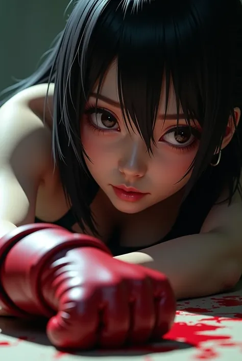 there is a woman laying on the ground with a glove on, dead or alive 6, 2b, 2 b, posing for a fight intricate, heavy gesture style closeup, looking at bloody fist, close-up shot, close - up shot, tranding on pxiv, crying and reaching with her arm, hints of...