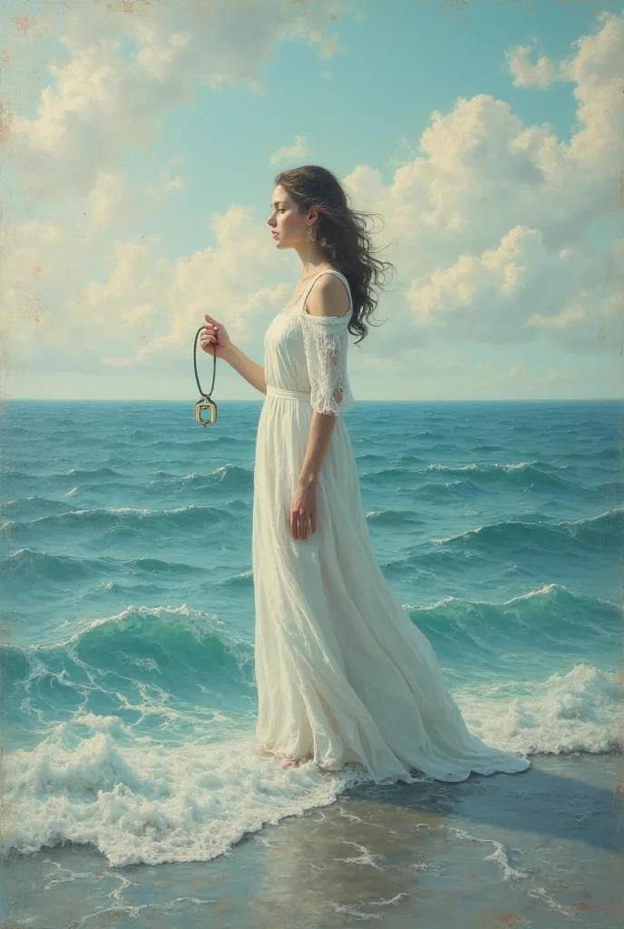 Canvas painting of a woman on the sea with a cloud background with a key in her hand looking at the horizon