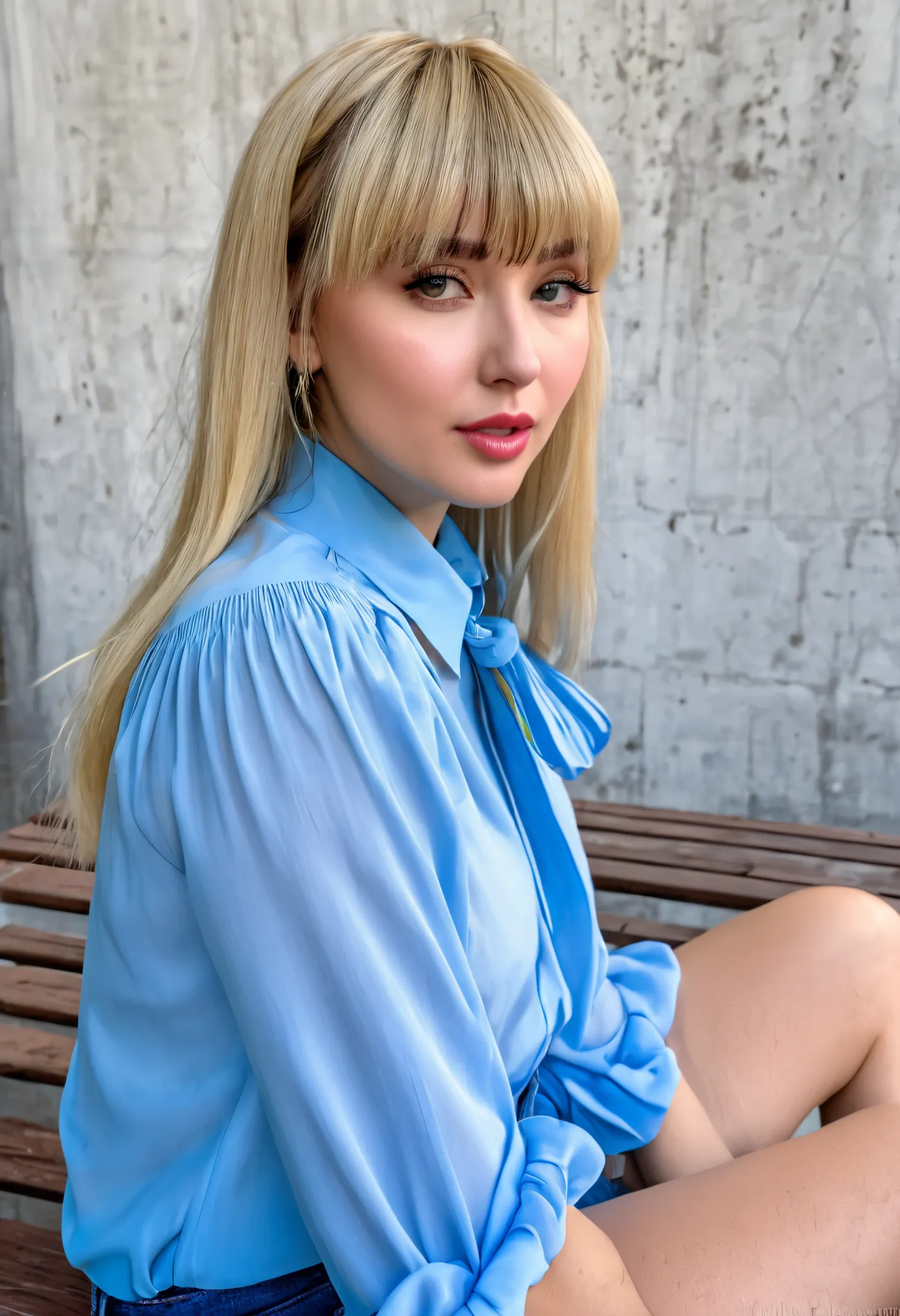 smudgy,  liu2,  texture, score_9, score_8_up , score_7_up , photograph , 9mm,  Nikon D850 , 1 girl, mature, (blonde hair:1.2), (blunt bangs:1.2), full blonde, surreal beauty, masterpiece, best quality, (viewed from side:1.2) sided view,, 8k, (blue blouse :...