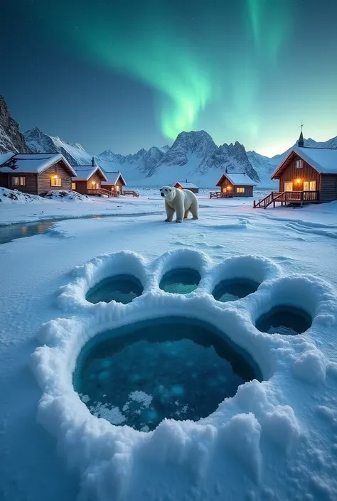 A fascinating winter landscape, in the huge paw print of a large polar bear, appears in a tundra covered with ice and snow. Inside the bear trail, The night sky danced by the Northern Lights, snow-capped mountains and wooden huts illuminated by warm lights...