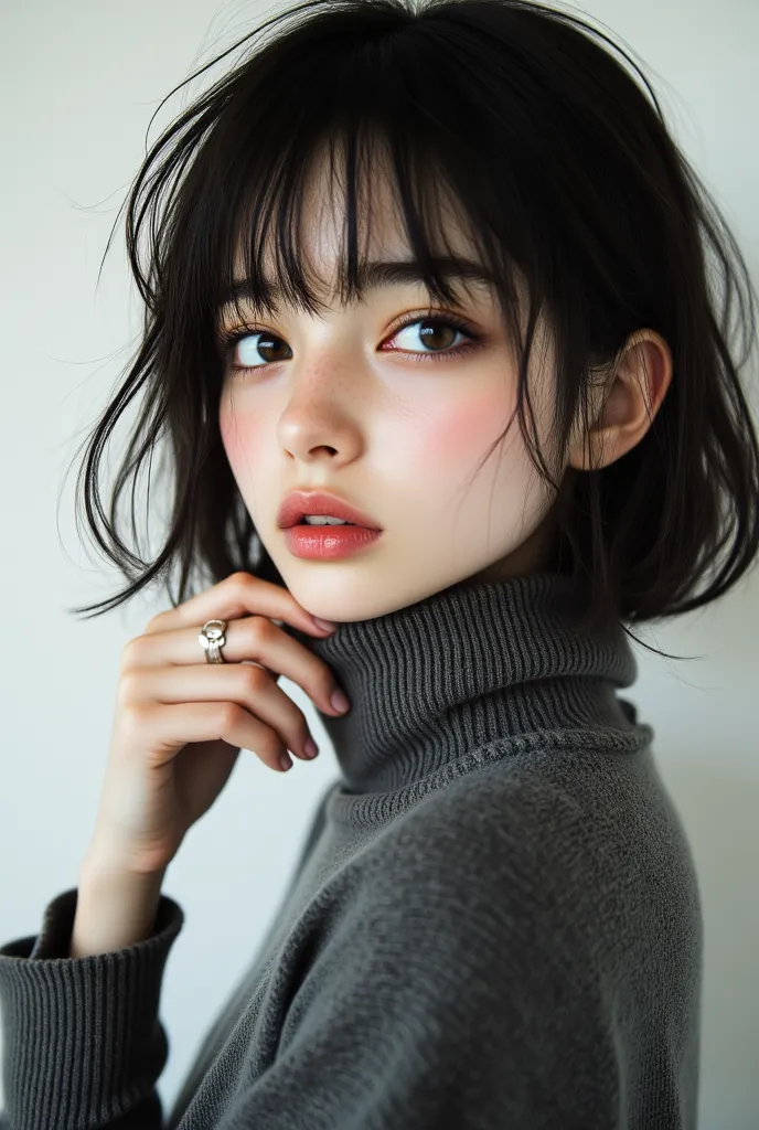 ((Highest quality)), ((傑Highest quality、masterpiece、High sensitivity、High Resolution、detailed description、depicting a delicate face))Slender Woman、glasses、thin eyebrows、 high neck sweater 、Take off the ring、