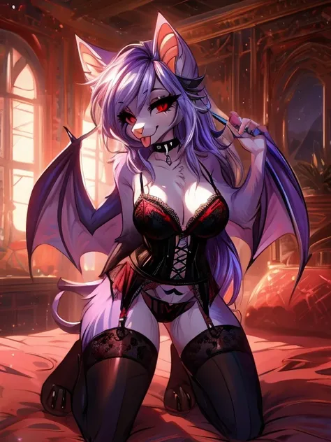 Prsmrti art style, bat, succubus, furry, anthro, female, cute, hot, sexy, Best Quality, masterpiece, light purple fur, long unkept hair, beautiful hair, digitigrade, red eyes, detailed eyes, eyelashes, looking at viewer, smile, tongue out, blep face, weari...