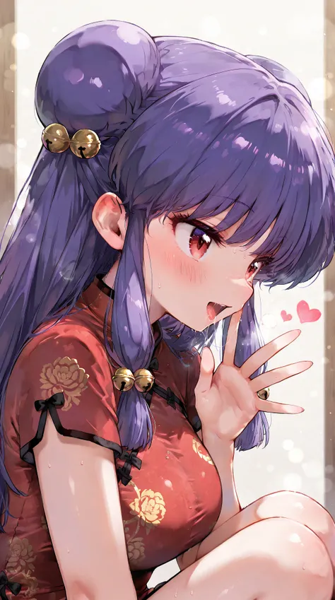 ((ultra-detailed)), (best quality:1.2),masterpiece, perfect anatomy,　
 from side, heart,enjoy, open mouth, head shot, extremely close up, saliva, open mouth,
blush, seductive, moving, ,,long hair, purple hair, double bun, bangs, hair ornament, hair bell, s...