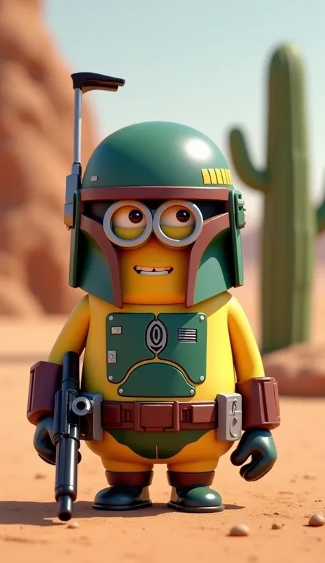 A Minion dressed as Boba Fett, with green and brown Mandalorian armor, helmet and blaster in hand, showing a confident smile. The themed background is the planet Tatooine, with a cactus in the background and the vast desert. The lighting is professional, p...