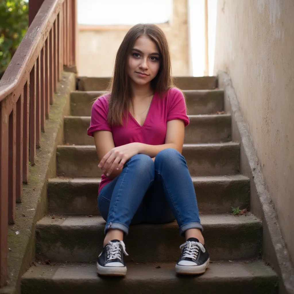 woman sitting on a staircase. Has a pink blouse on.  and jeans . She's wearing sneakers.  style photorealistic ,  sharp focus, very detailed, sunlight, Detail,  full body