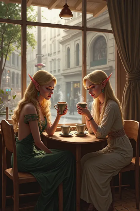  Realism two adult elf girls sit in a cafe drinking coffee