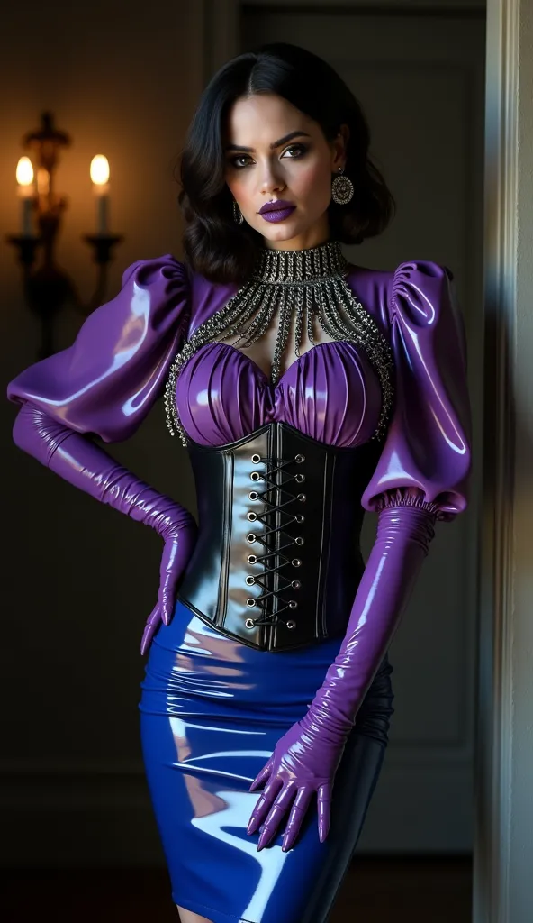 Angelina jolie, vampire, bloos, nosferatu, dracula, black latex skin, mistress, dominatrix, latex, metalic, metalic chains, metalic earings, purple latex heavy high neck blouse, puffy latex sleeves, black latex heavy corset, after knee royal blue latex pen...