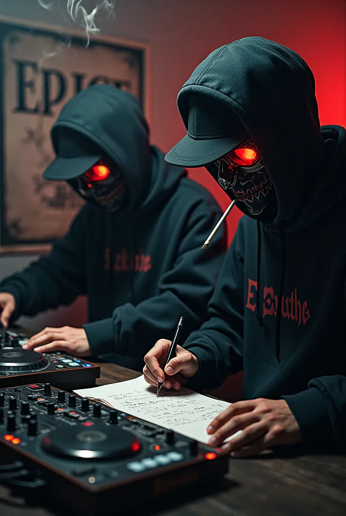 Creat prompt for ai image generator:

Create album cover

Two guys in hoodies with caps, making music. One of them is making music on sampler, another one is writing lyrics on paper. They are smoking cigarettes. They have red eyes which is the only color o...