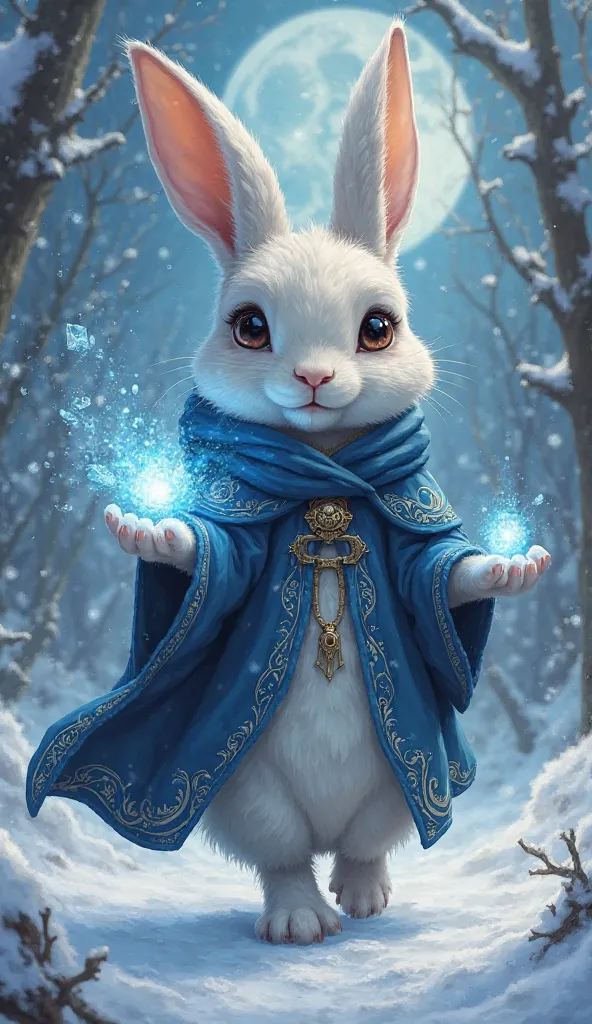 The image portrays an anthropomorphic rabbit walking slowly, exuding an air of calm and mystical power. Its large, expressive eyes shine with a quiet wisdom, and its soft fur is a blend of white and light gray, giving it an ethereal appearance. Towering ea...