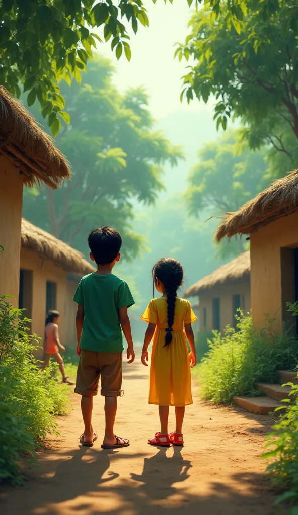 A clear ultra HD dynamic image of A peaceful village nestled at the edge of a dense jungle. The village consists of mud houses with thatched roofs, and villagers can be seen working in the fields. A young boy, Rohan (), with short black hair, wearing a gre...