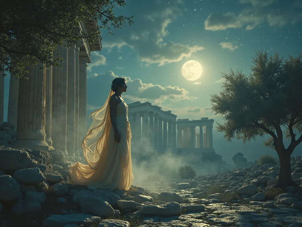 "Cinematic film still, Aesthetic juxtaposition of the ancient Greek god Morfeo, lord of dreams, standing amidst a surreal and mystical landscape of crumbling marble columns and whispering olive trees, artistic photography, dramatic light and shadow, high c...