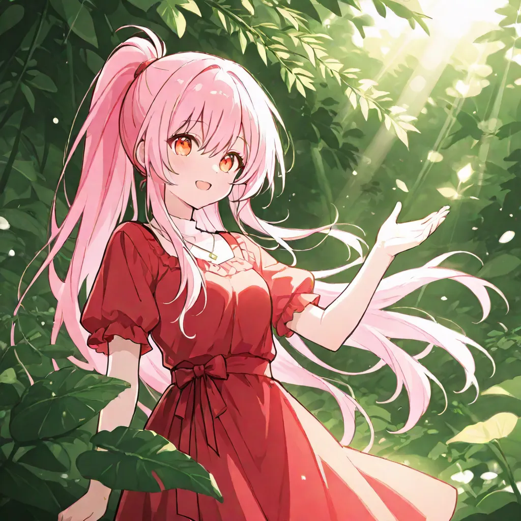  Pink long hair tied with a double ponytail ， Amber Apricot Eye，Petite cute girl in red dress，Adventure in the jungle of a fantasy world