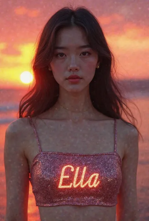 Korean pretty girl wearing croptop has name ella in the center of croptop with sunset background