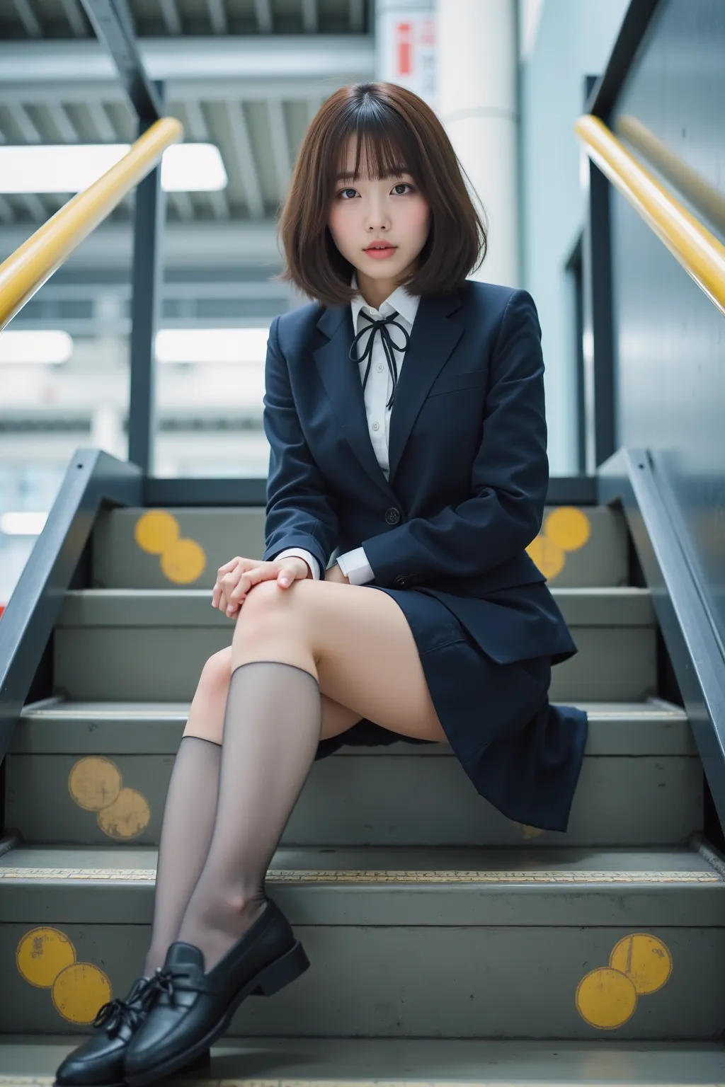 　 best image quality、score_9,  score_8_ up 、masterpiece、from below、1 Japanese girl、female high school students、uniform、 blazer、miniskirt、panties、Thigh Highlighted、loafers、sit、 station stairs、