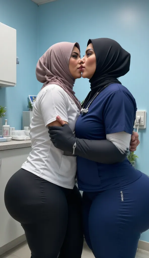 2 Two muslim womn   shiny  , big breasts, showing long tone transparent  (2woman,45 years Old, Hijab Indonesian mature woman, Big  : 12.9, doctor suit,curvy body, full body, sharing lustful kiss, hug and groping bteas, professional shot, at doctor office.b...