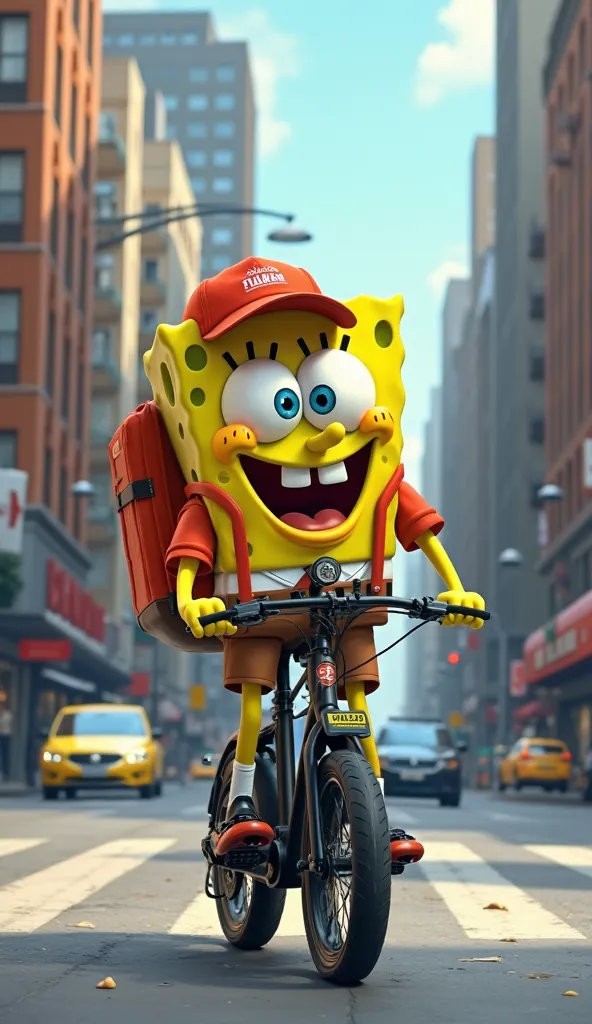 In a bustling urban setting, SpongeBob wears a delivery uniform with a thermal backpack, riding an electric bike. He is stopped in front of an apartment building, checking his phone for the delivery address. The city is busy, with cars and pedestrians rush...