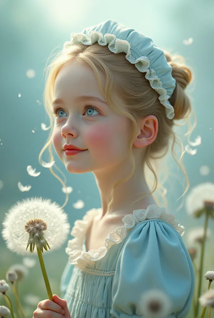 "A photorealistic, ultra-detailed, and award-winning portrait of a  girl with long, blonde hair styled in an elegant bun, wearing a delicate light blue dress with intricate lace details and a white and blue flowered hat, her bright red lips contrasting her...