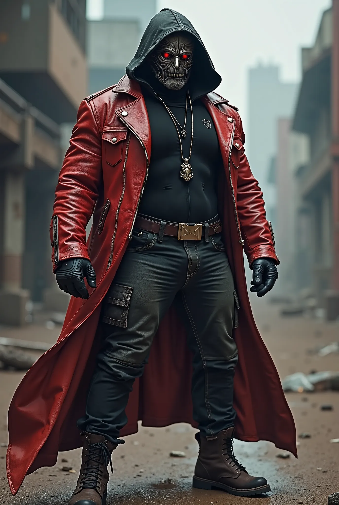 Muscular warlord in black jumpsuit with a hood, red leather jacket, jeans, combat boots,  fingerless gloves,Маска Героя из Хромированрго метала,Шедевр, Детально, 