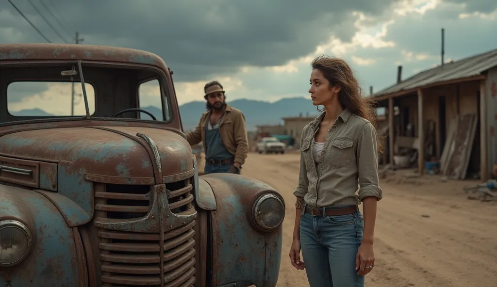 "A rugged mechanic is fixing a junk truck while a young woman stands nearby, watching him. The truck looks old and worn, but the mechanic is working with focus and determination. The woman, dressed in casual but slightly worn clothes, has an air of quiet a...