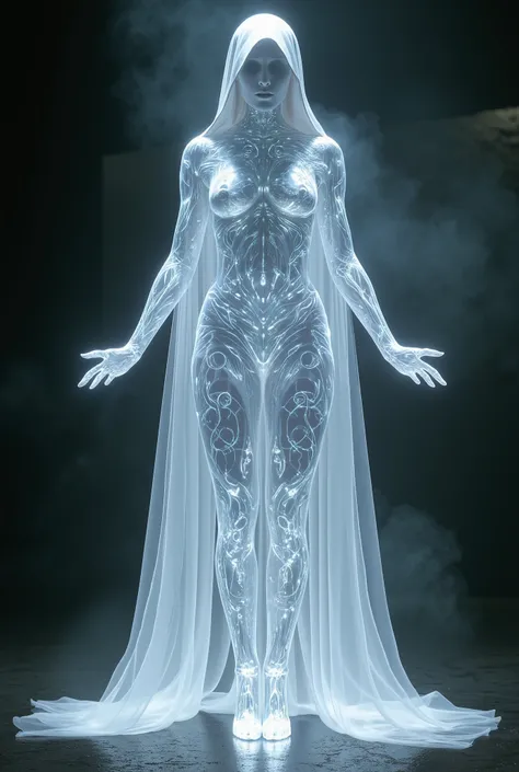 Humanoid woman made of faceless crystals, Her body is translucent and filled with mist inside with rune symbols all over his body with open arms, with a white hooded cape with light fabrics that spread to the floor in silver details, dc comics art image wi...