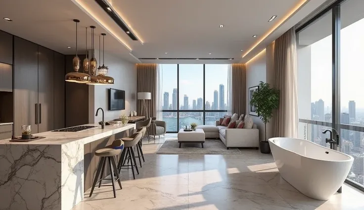 A high-rise luxury apartment in Dubai with stunning skyline views, a sleek living area, an open marble-accented kitchen, and a serene bedroom. The spa-like bathroom features a freestanding tub and rain shower. A stylish balcony completes the space.

