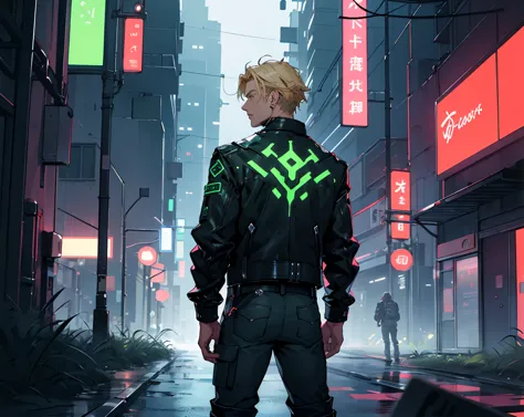 1Men, Solo, slim and tall;  Blonde Hair, green earrings on one side; green iris; dark green futuristic leather jacket with belts, a medical print on the back, Belts on cloth, cyber city background, hand in pocket, looking to the side, high boots with belts...