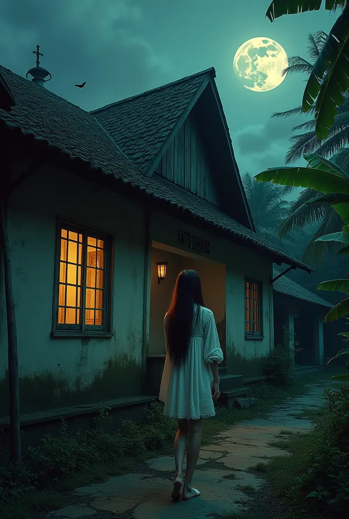 An Indonesian house looks dull unkempt, there's a window looking collapsed, precariously messy, The walls of the house in moss, next to there is a banana tree, there is a ghost figure of a woman with long black hair in a white dress long creepy face, A gri...