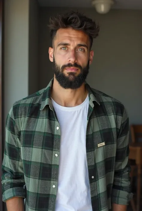 A tall, healthy-bodied man with white skin, 36 years old, very short curly black hair, eyes with green irises water, with short black and curly beard trimmed jeans and long white and dark green plaid t-shirt looking forward 