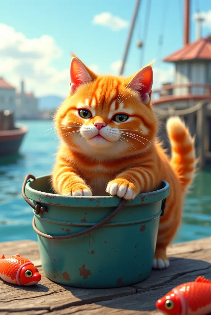 Orange cat steals fish from bucket 