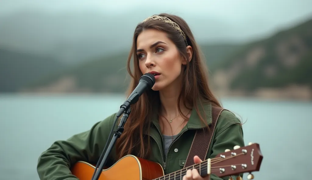 A beautiful 25-year-old European actress is singing with a guitar in casual attire. She is wearing a green jacket, has long brown hair, with a hair band, and a small microphone. There is a large lake in the background. she stand up straight with chests and...