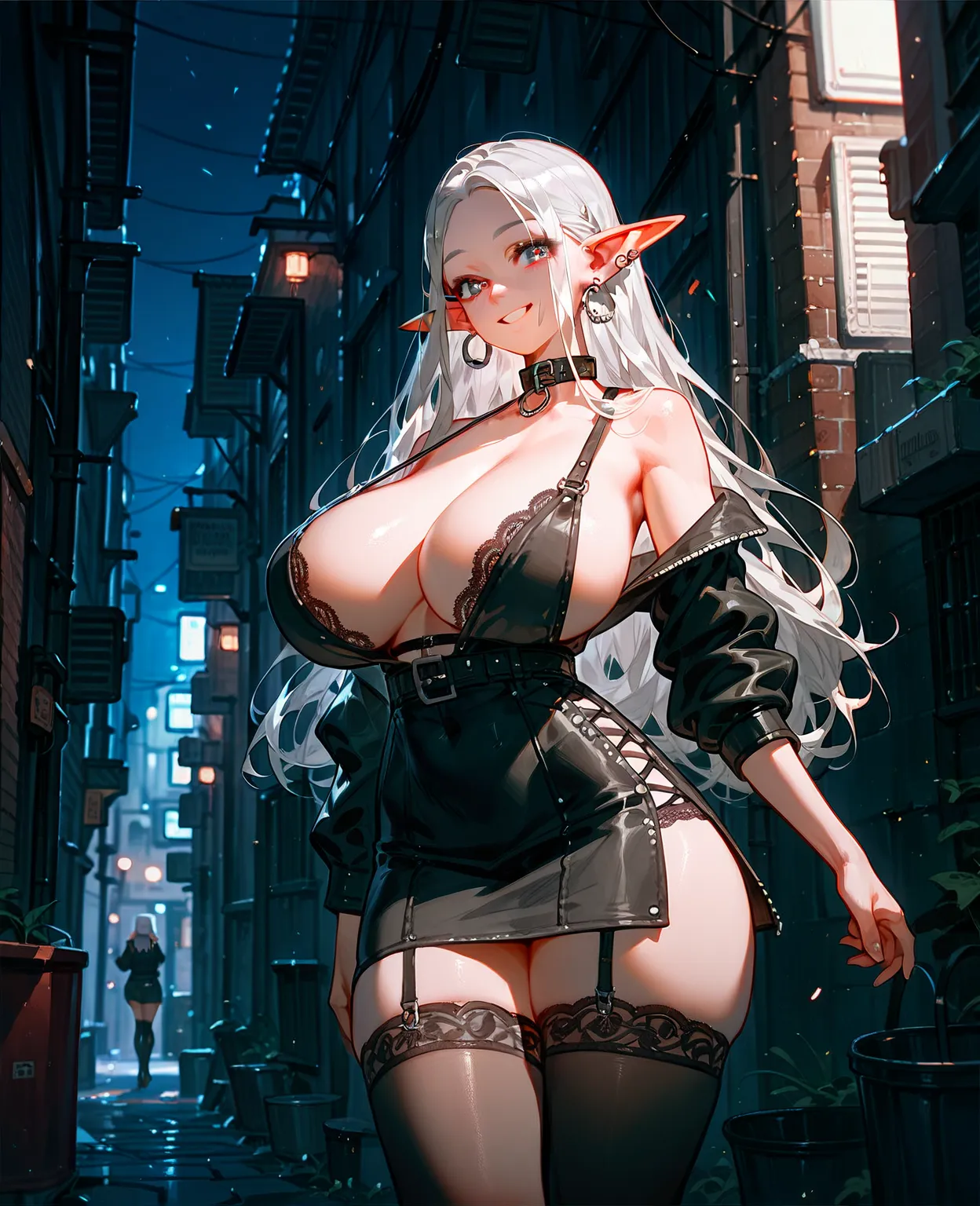  silver hair, night ,  earrings, long hair, Smiling face, Choker,  thick thighs, Elf ears, (perm hairstyle), 1 person, Lori, Alley, huge breasts , No bra, (raunchy black lace) underwear, girl, Dog collar, black stockings, Forehead exposure 