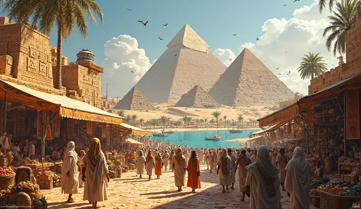 pyramids, hieroglyphics, busy markets, Nile River