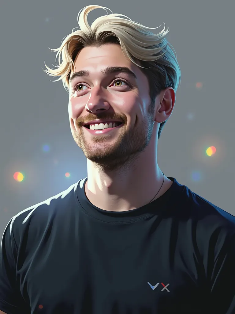 A high-resolution, stylized portrait of MrBeast smiling warmly, with a bright and energetic glow around his face. Use vibrant, modern colors like electric blue, yellow, and orange in the background, blending into a gradient. Add subtle, artistic effects li...