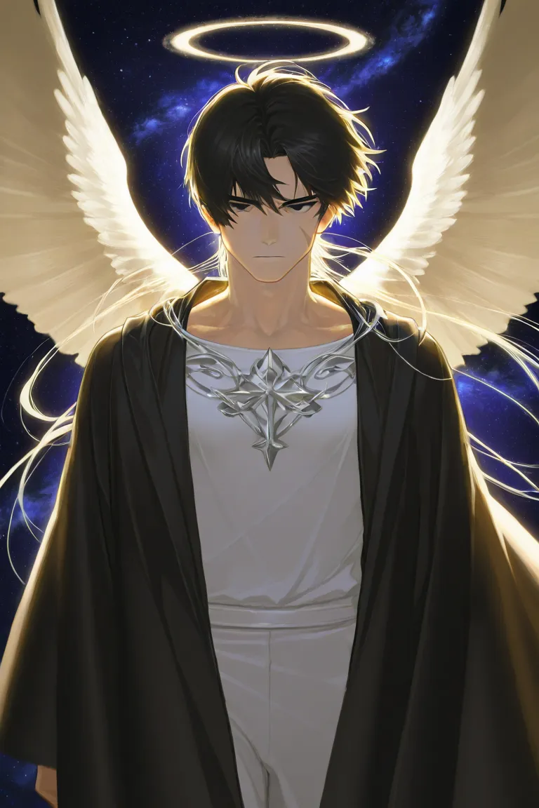 A man from the Angel race, without wings, Black hair black eyes, a scar on the right eye,Flying in a universe,  showing body , with a look of revenge 