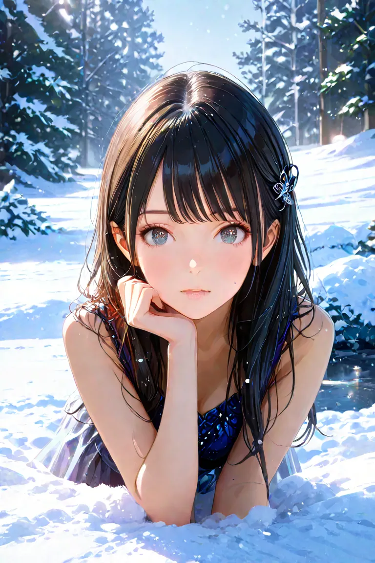 In a Snowy Landscape、Full Body Portrait of a Beautiful Girl Staring at Me with Shyness、 Exquisite Faces 、Round eyes、Faint Flushing Cheeks、small mouth 、Elegant look、Lonely Atmosphere Surrounded by Snow、Delicate Textures、High Precision、realistic、4K rendering...