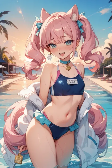 swimsuit, vaginal , facial sweat, pink hair, twin tails