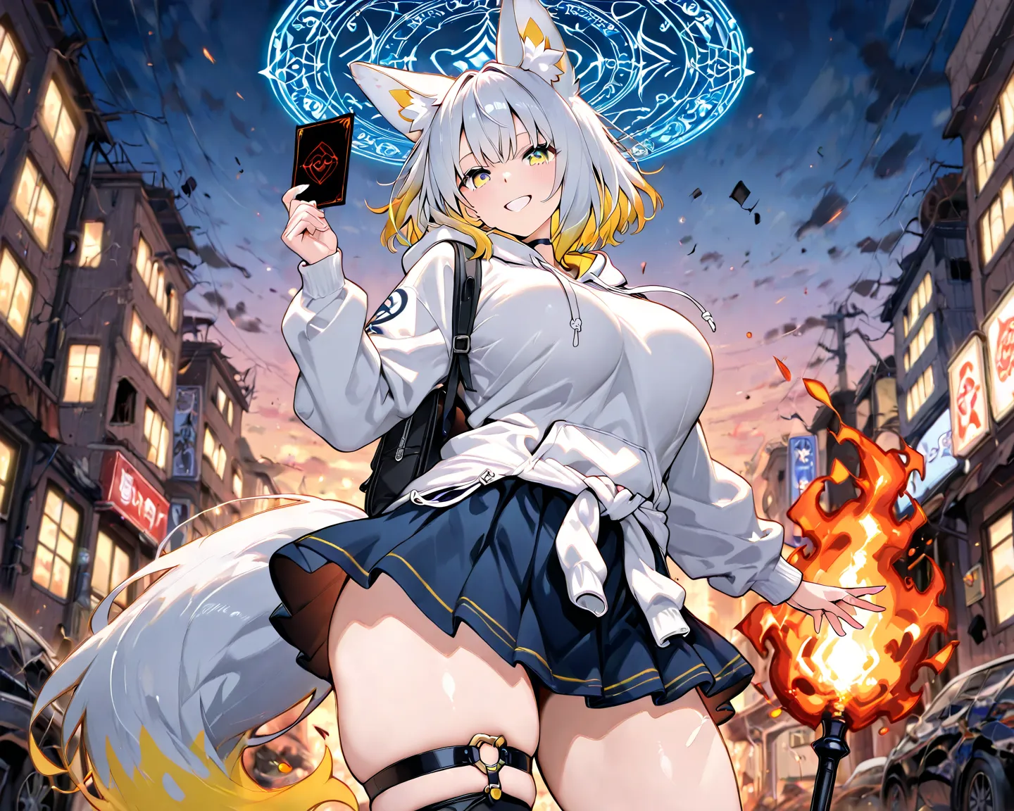 adult woman,  
he has a card case attached to the thigh of his left leg、
silver hair with bright yellow tips
The inner color is blue、
eye color is magenta、
thick thighs and big breasts、
fox ears grow、
is smiling、  she's slightly short 、
he is wearing a whi...