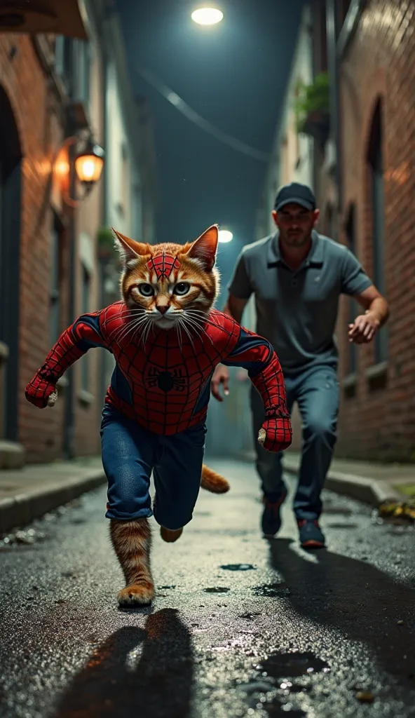 "A cat dressed as Spider-Man, wearing a mask that covers his signature full face, runs at full speed down a dark, lonely alley in the city. In front of the cat, a thief-like man flees, wearing a grey polo shirt and a black cap. He clutches a woman's purse ...