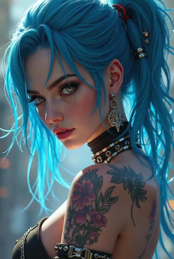 a close up of a woman with blue hair and tattoos on her body, cyberpunk art inspired by rossdraws, Artstation contest winner, fantasy art, jinx from league of legends, cyberpunk angry gorgeous goddess, jinx from arcane, artgerm julie bell beeple, artwork i...