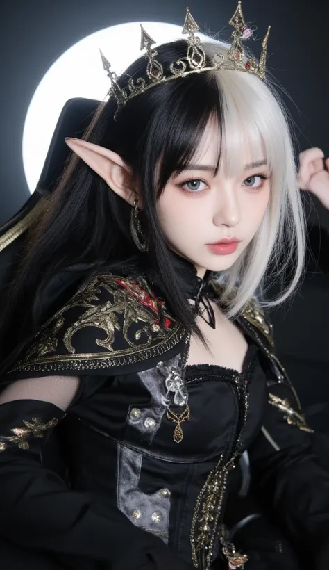 A mysterious Elf with an enigmatic and penetrating eye.  Her eyes are vibrant , blending shades of blue and green. Her hair is split in half,  half black and half white , falling out fluidly and elegantly. She wears a detailed medieval Gothic costume, with...