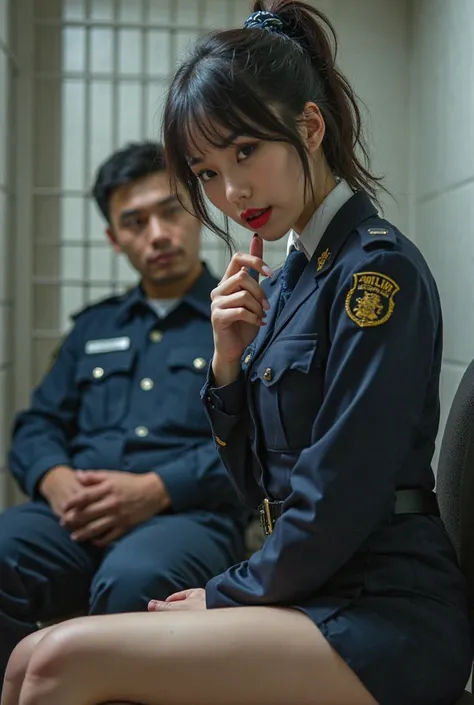 A beautiful japanese woman wearing a japanese police uniform with mini skirt.she have red lipstick,facial hair, brown eyes.she in the jail room.she with police man.police man sitting on the chair.she bitting her penis.