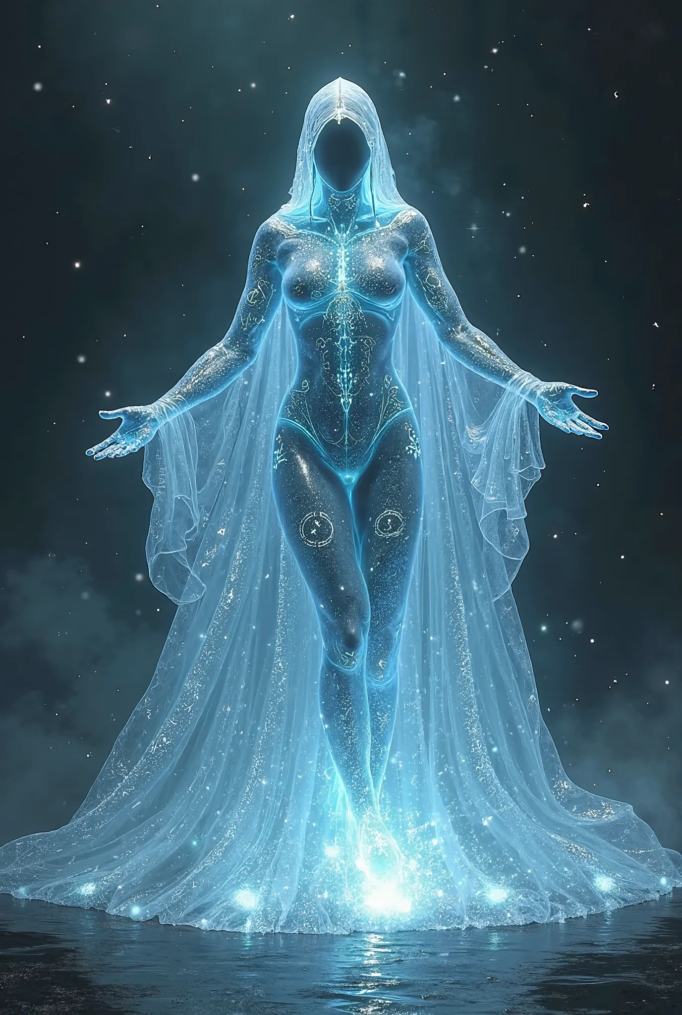 Humanoid woman made of faceless crystals, Her body is translucent and filled with mist inside with rune symbols all over his body with open arms, with an ice-blue hooded cape with light fabrics that spread to the floor in silver details, dc comics art imag...