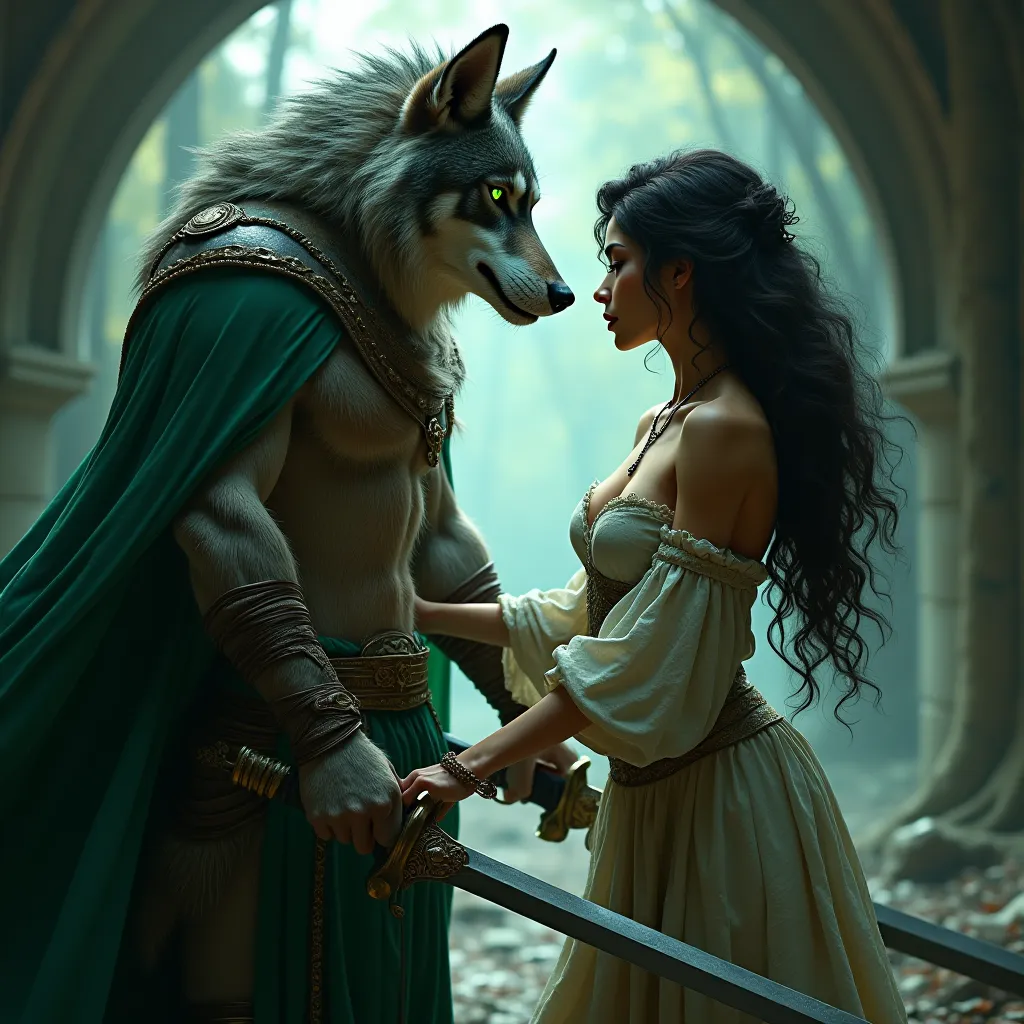 Creating an image of a wolf man (he has green eyes and a green cloak at his side) is a sexy woman with black hair and blue eyes, he both have a sword in his hand. 