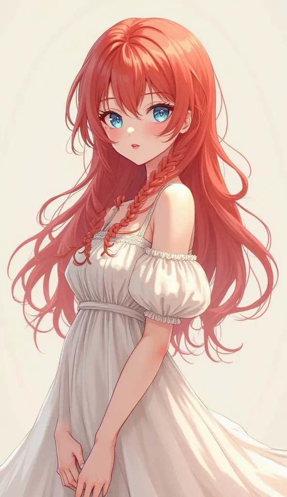 cute female angel，2D Anime Character Edition，long red hair，bright blue eyes，Adult Full Body Figure，The mouth is very small，Super fair skin，The expression is super shy