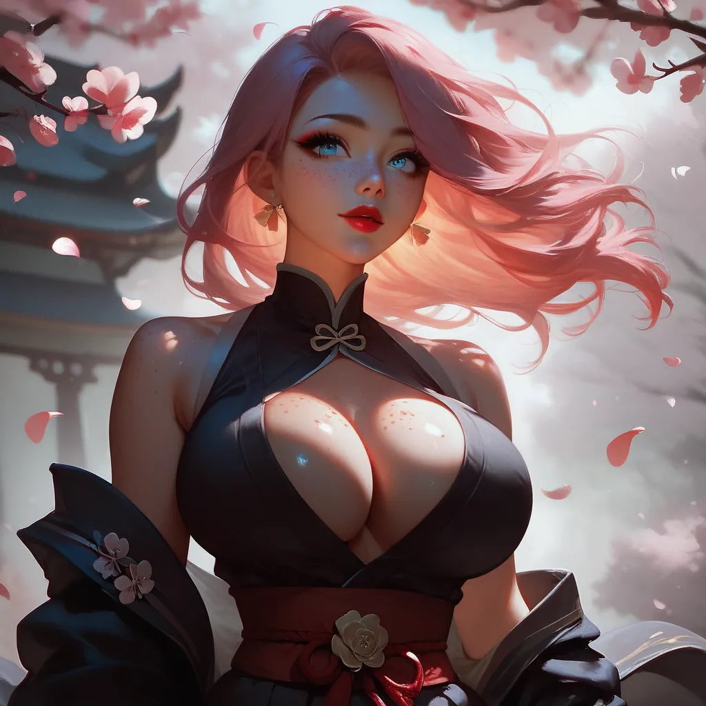 standing, park, sakura petals, sakura blossoms, black kimono, sharp cinematic focus, soft seductive gaze, freckles, blue eyes, black makeup, soft pink hair blowing in the wind, red lips, makeup, shiny_shiny skin, beautiful_expressive_eyes, tan, dynamic bod...