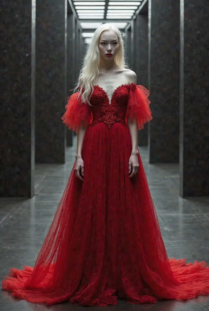 clouse foto, a beautiful albinos girl with very long hair wearing bloody red floor-length dress with large, tulle sleeves and an ornate neckline standing in the middle of a black, elegant, modern, clear room, she has vitiligo, fashion sty, houte coulture, ...