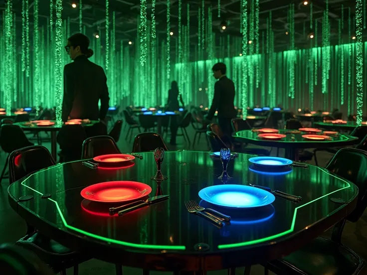 Futuristic cyberpunk-style restaurant inspired by The Matrix. The interior is dark with a black and neon-green color scheme. The lighting is dim, with green digital rain patterns cascading on the walls. The furniture is sleek and futuristic, with hexagonal...