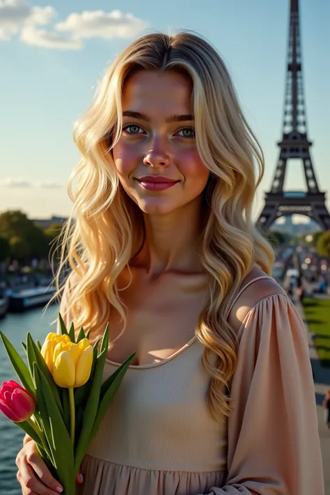 Beautiful girl with wavy long hair in a bohemian dress, 
 Ultrarealistic , with women , baby face ,  blond hair ,  expressive blue eyes  , posing near the Eiffel Tower. She is wearing a light translucent dress , , you can see the shape of a figure with tul...